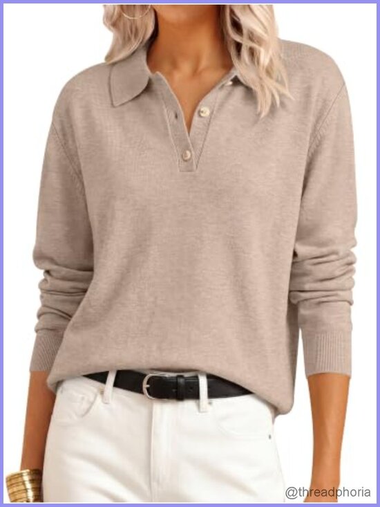 Sweaters - Polo Collared Knit Long Sleeve Pullover Sweater for Women